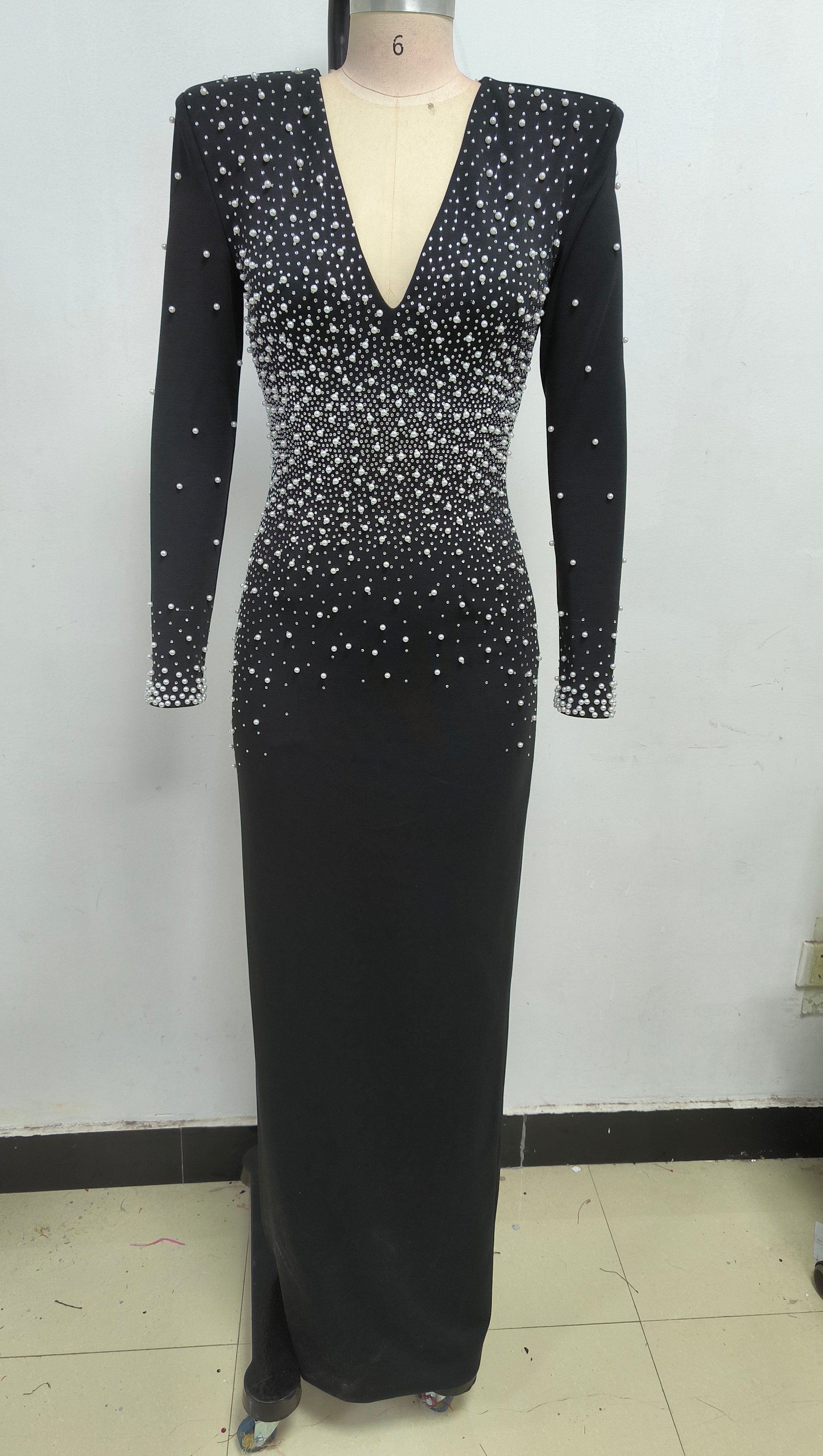 PEARL EMBELLISHED V-NECK MAXI DRESS IN BLACK