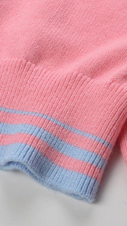 CHIC PINK & BLUE STRIPE MOCK NECK RIBBED KNIT TOP | WOMEN'S SHORT SLEEVE