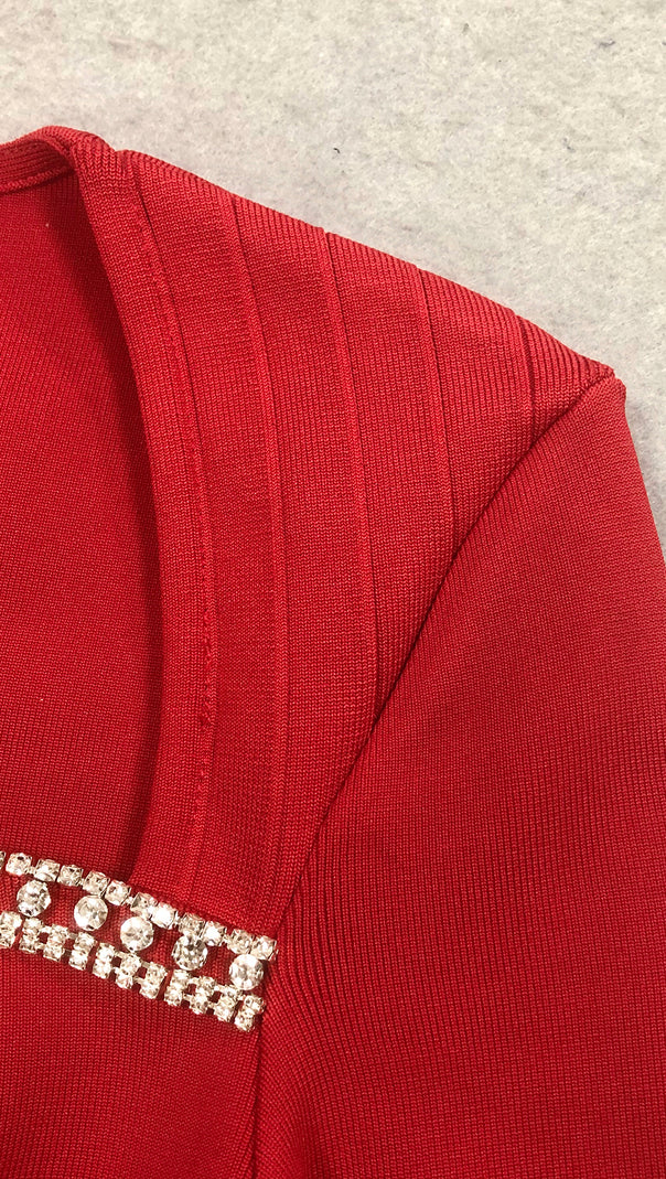 ABITO LUNGO A MANICHE LUNGHE CON CRISTALLI SYLVIA IN ROSSO