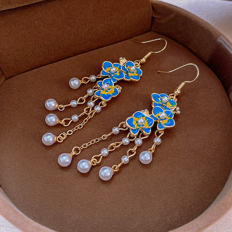 DAVE BLUE FLOWER PEARL EARRINGS