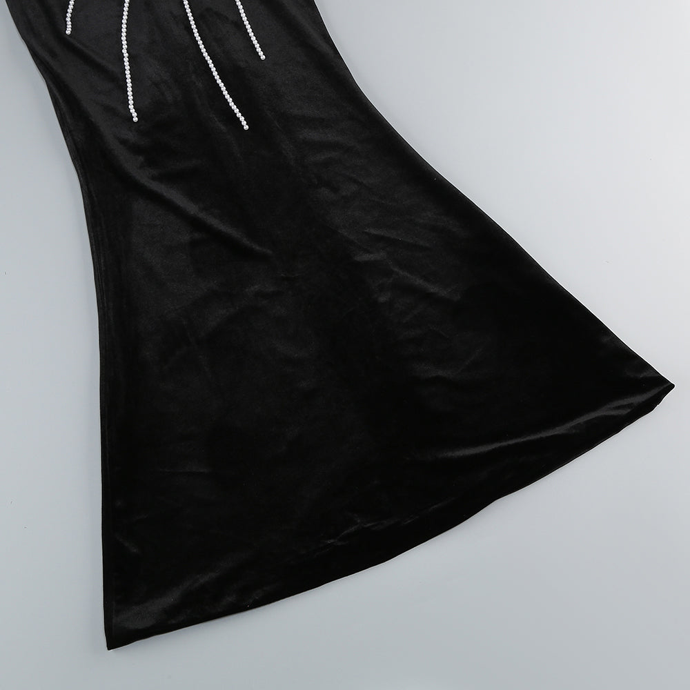 One-Shoulder Langarm Blumen Maxikleid schwarz 