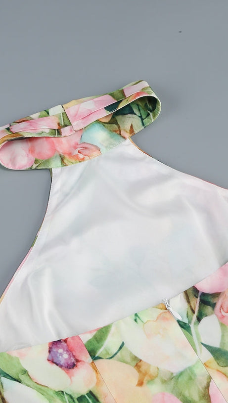 SABINA PINK GREEN ASYMMETRIC FLORAL HALTER MIDI DRESS