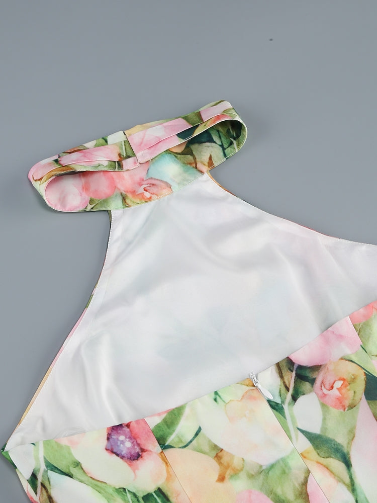 AIIZIE SABINA PINK GREEN ASYMMETRIC FLORAL HALTER MIDI DRESS - product image