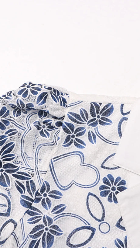 V NECK SPLICED BELTS EMBROIDERY MIDI DRESS IN BLUE