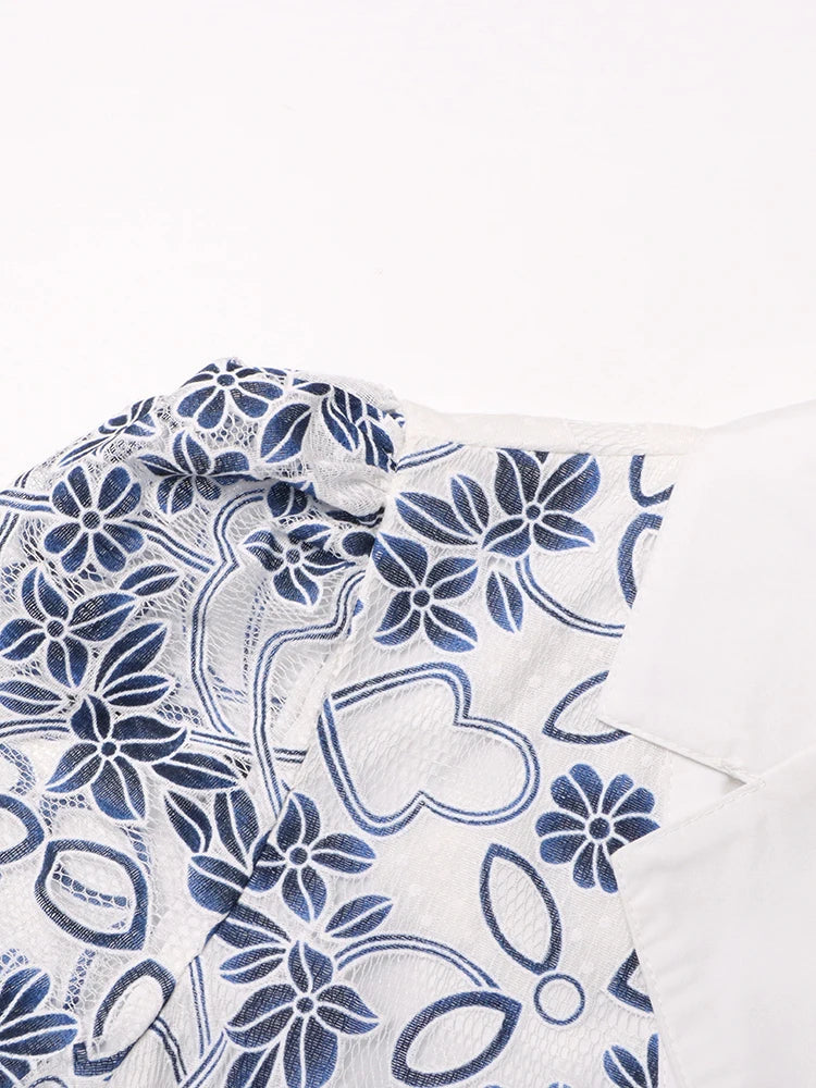 AIIZIE V NECK SPLICED BELTS EMBROIDERY MIDI DRESS IN BLUE - product image