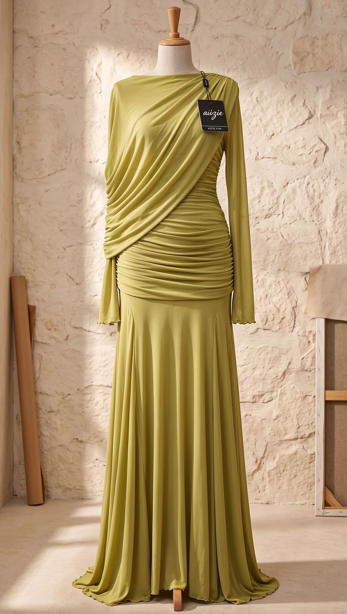 Chartreuse Ruched Mesh Gown