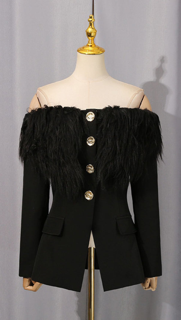 AIIZIE HYUNH BLACK OFF-SHOULDER FAUX FUR BLAZER | GOLDEN EYE BUTTONS - product image