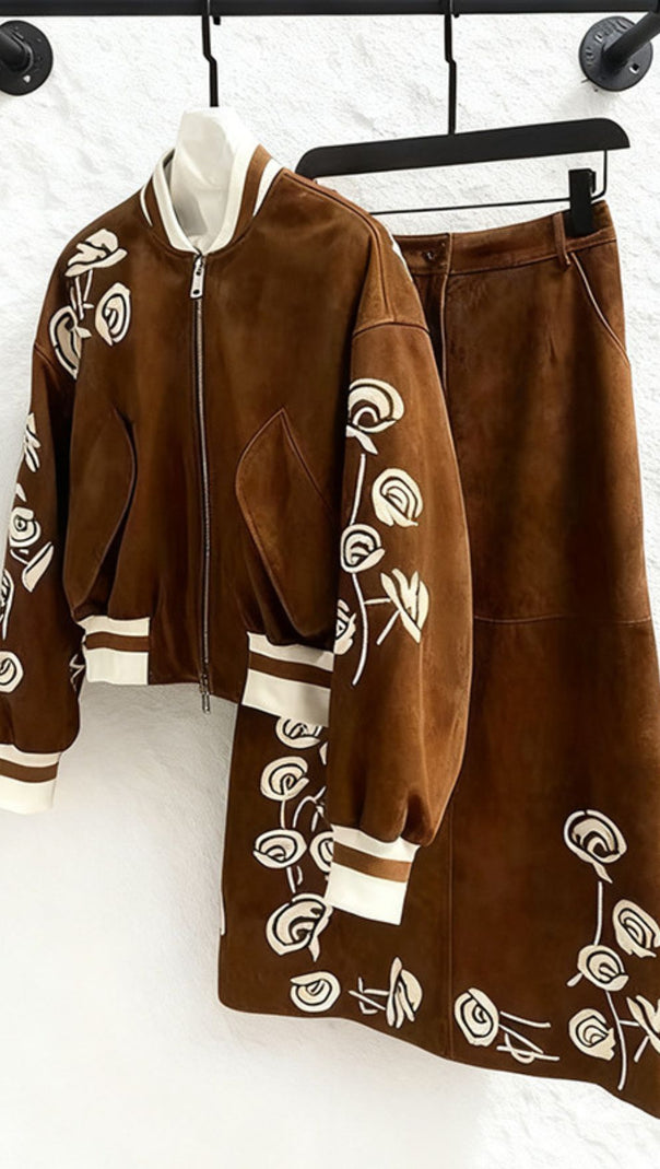 AIIZIE HUDA CHIC BROWN EMBROIDERED FAUX SUEDE BOMBER JACKET & MIDI SKIRT SET - product image