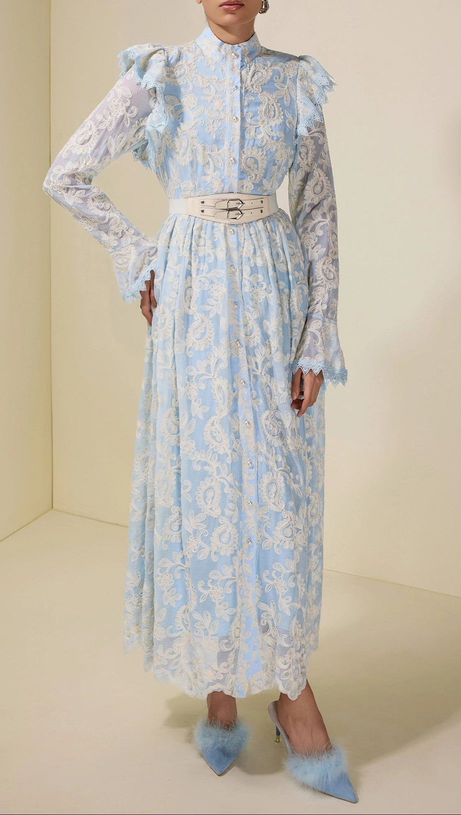 alma Chiffon Embroidered Single Breasted Midi Dress With Belt
