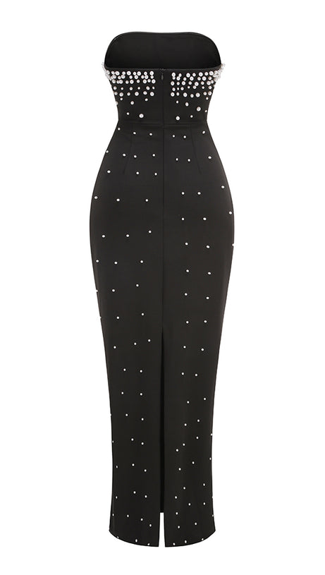 STRAPLESS PEARL MAXI DRESS BLACK