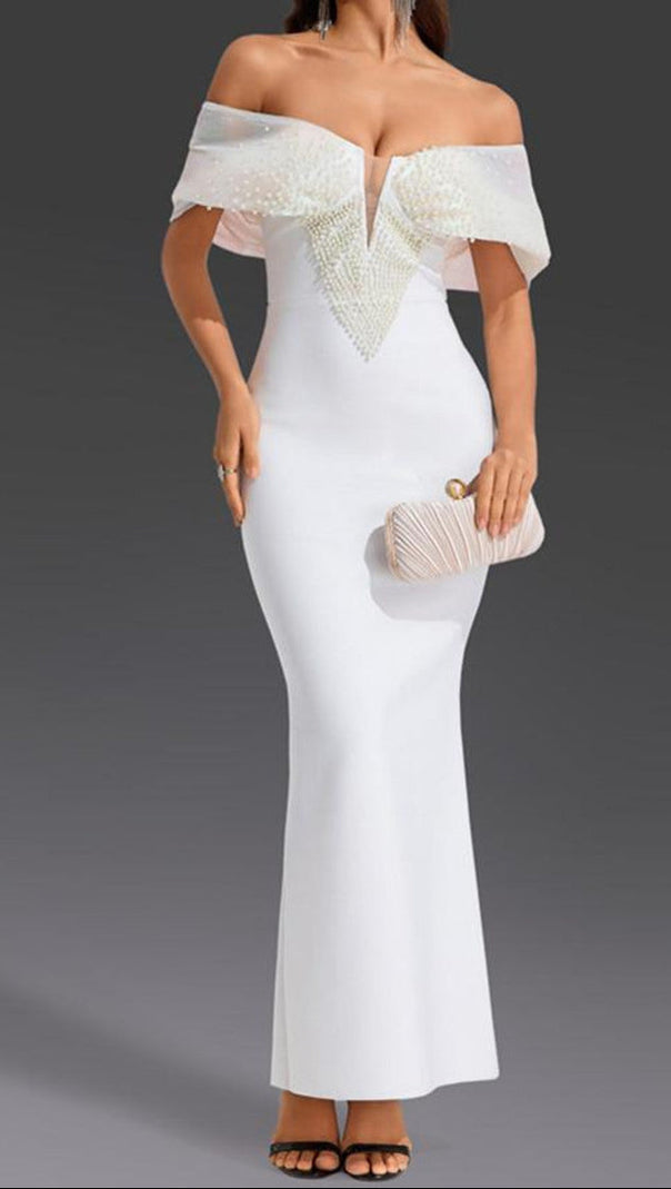 AIIZIE OFF-SHOULDER PEARL EMBELLISHED BODYCON MAXI DRESS IN WHITE - product image