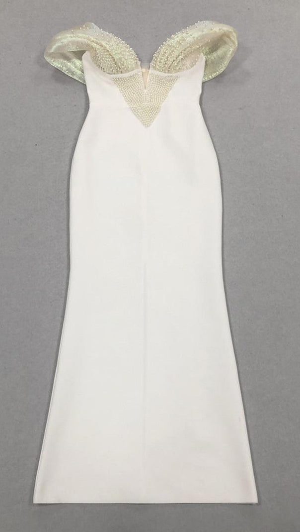 AIIZIE OFF-SHOULDER PEARL EMBELLISHED BODYCON MAXI DRESS IN WHITE - product image