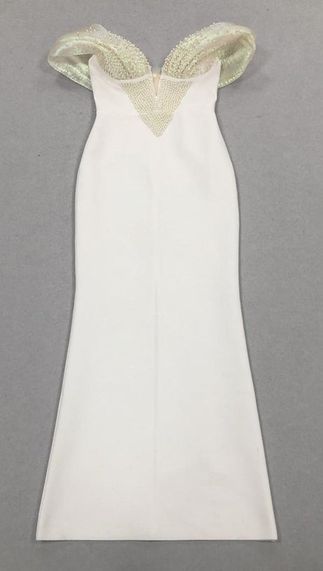 Schulterfreies, figurbetontes Maxikleid mit Perlenverzierung in Weiß