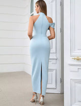 CROSS NECK BODYCON MIDI DRESS IN BLUE