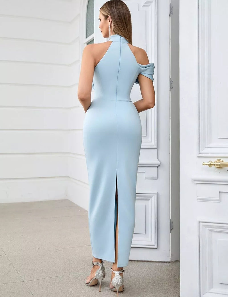 CROSS NECK BODYCON MIDI DRESS IN BLUE