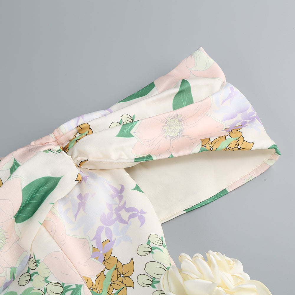 ABITO CORTO ASIMMETRICO CON STAMPA FLOREALE E SPALLE SCOPERTE