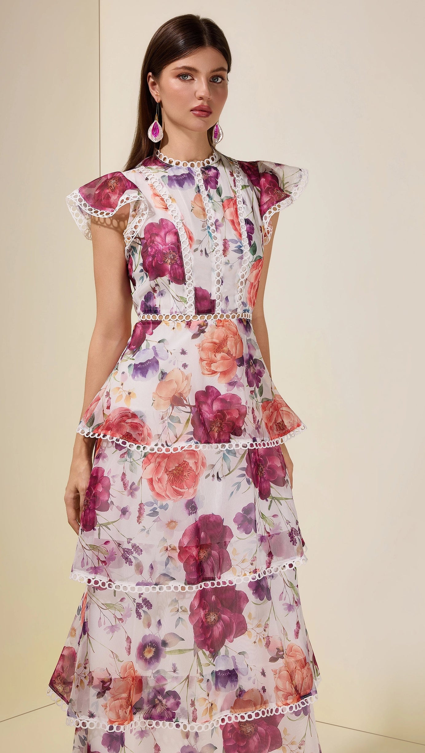 zenobia Floral Lace Ruffle Maxi Dress - white