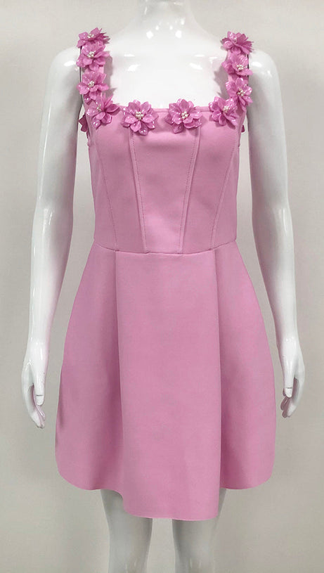 MINI ABITO ROSA CON COLLO A FIORI 3D