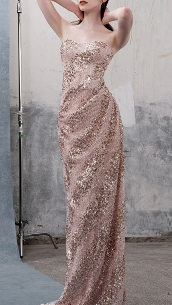 AIIZIE Janya Dazzling Strapless Sequin Maxi Dress | Glamour Evening Gown for Women - product image