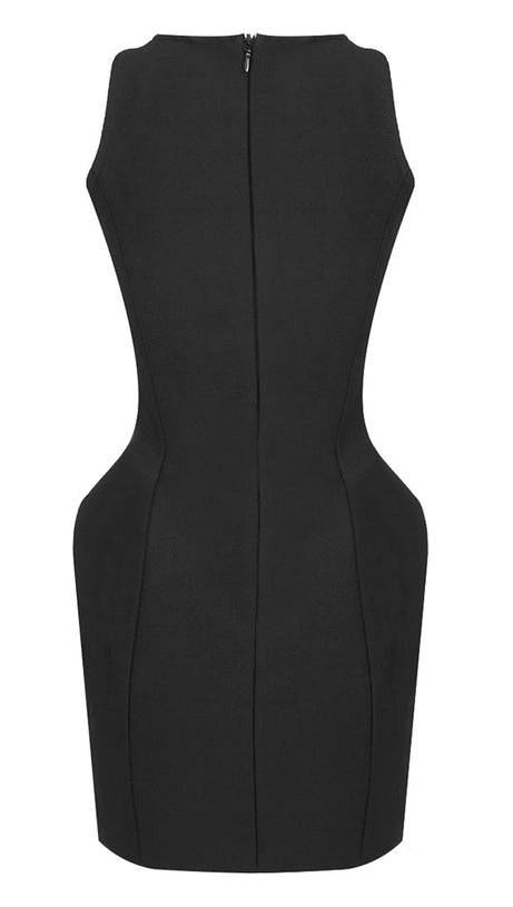 BREENDA BLACK KNITTED MINI DRESS WITH FLOWER BUTTONS