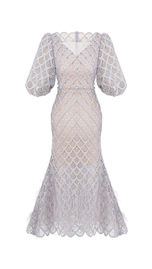 AIIZIE CIARA TRUMPET BISHOP SLEEVED LACE MIDI DRESS - product image