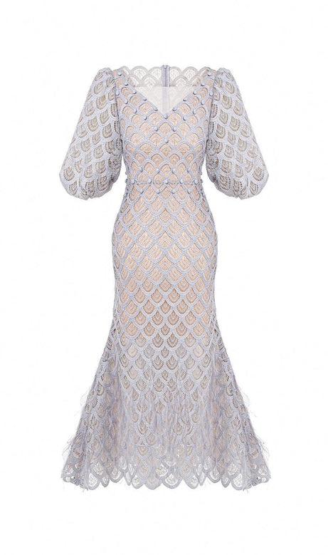 Ciara Trumpet Bishop Sleeved Lace Midi Dress