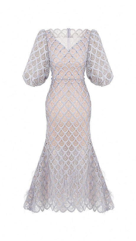 Ciara – Trompeten-Midikleid aus Spitze mit Bischofsärmeln