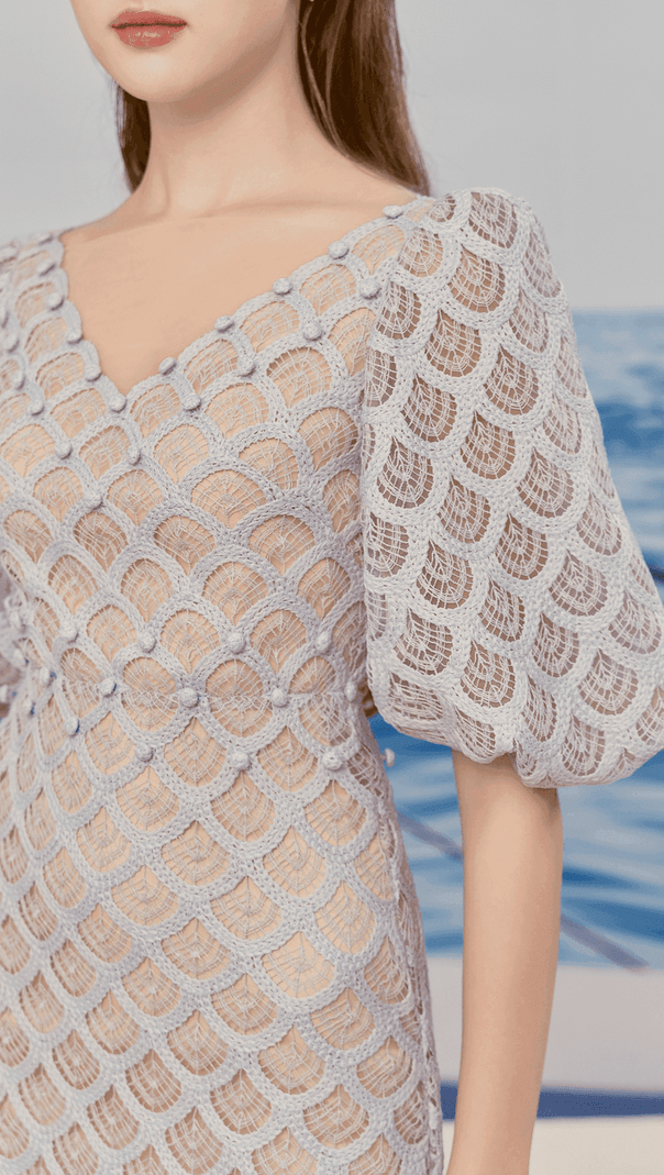 AIIZIE CIARA TRUMPET BISHOP SLEEVED LACE MIDI DRESS - product image