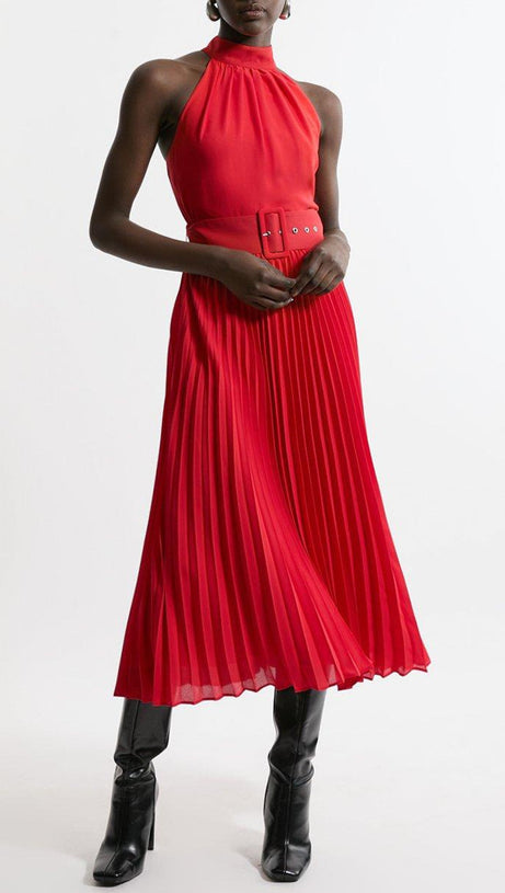 GEORGETTE BELTED PLEAT HALTER WOVEN MIDI DRESS