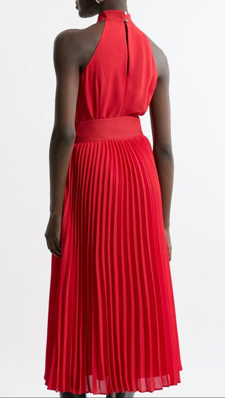 GEORGETTE BELTED PLEAT HALTER WOVEN MIDI DRESS