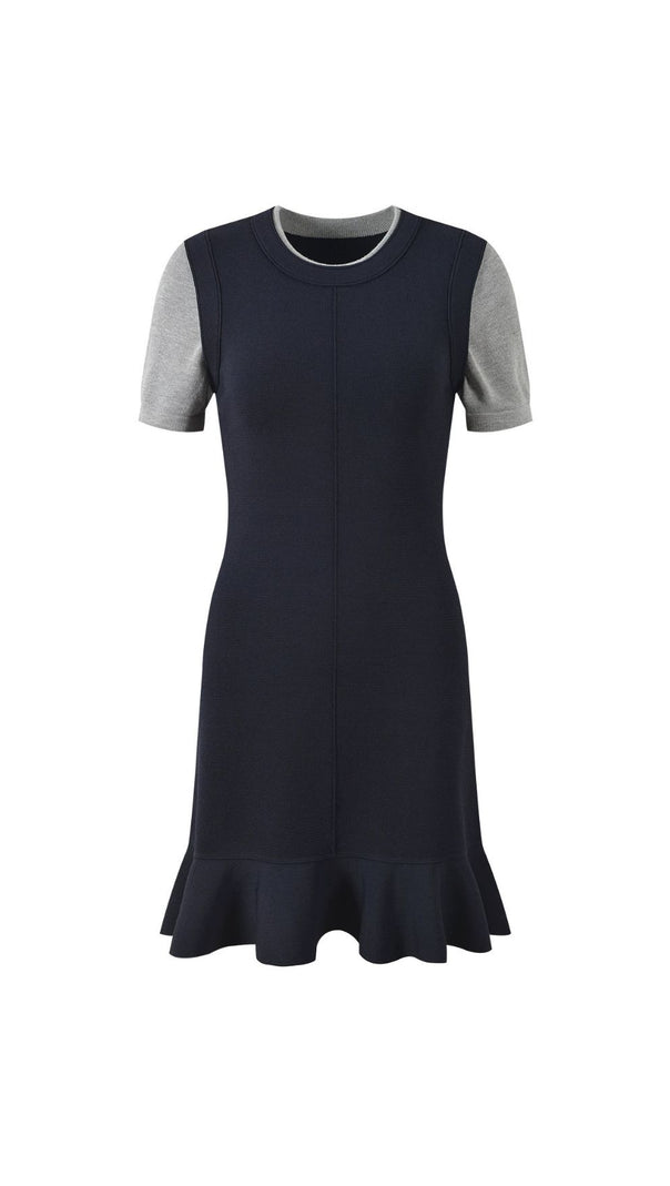 AIIZIE Chic Contrast Trim Short Sleeve Knit Dress | Ruffle Hem Mini Style - product image