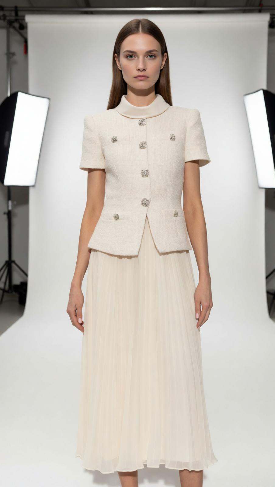 Elegant Cream Embellished Tweed-Style & Pleated Midi Dress