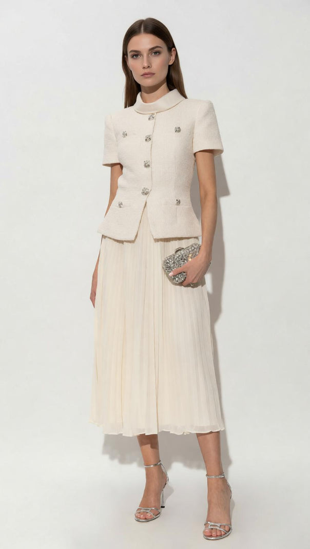 AIIZIE Elegant Cream Embellished Tweed-Style & Pleated Midi Dress - product image