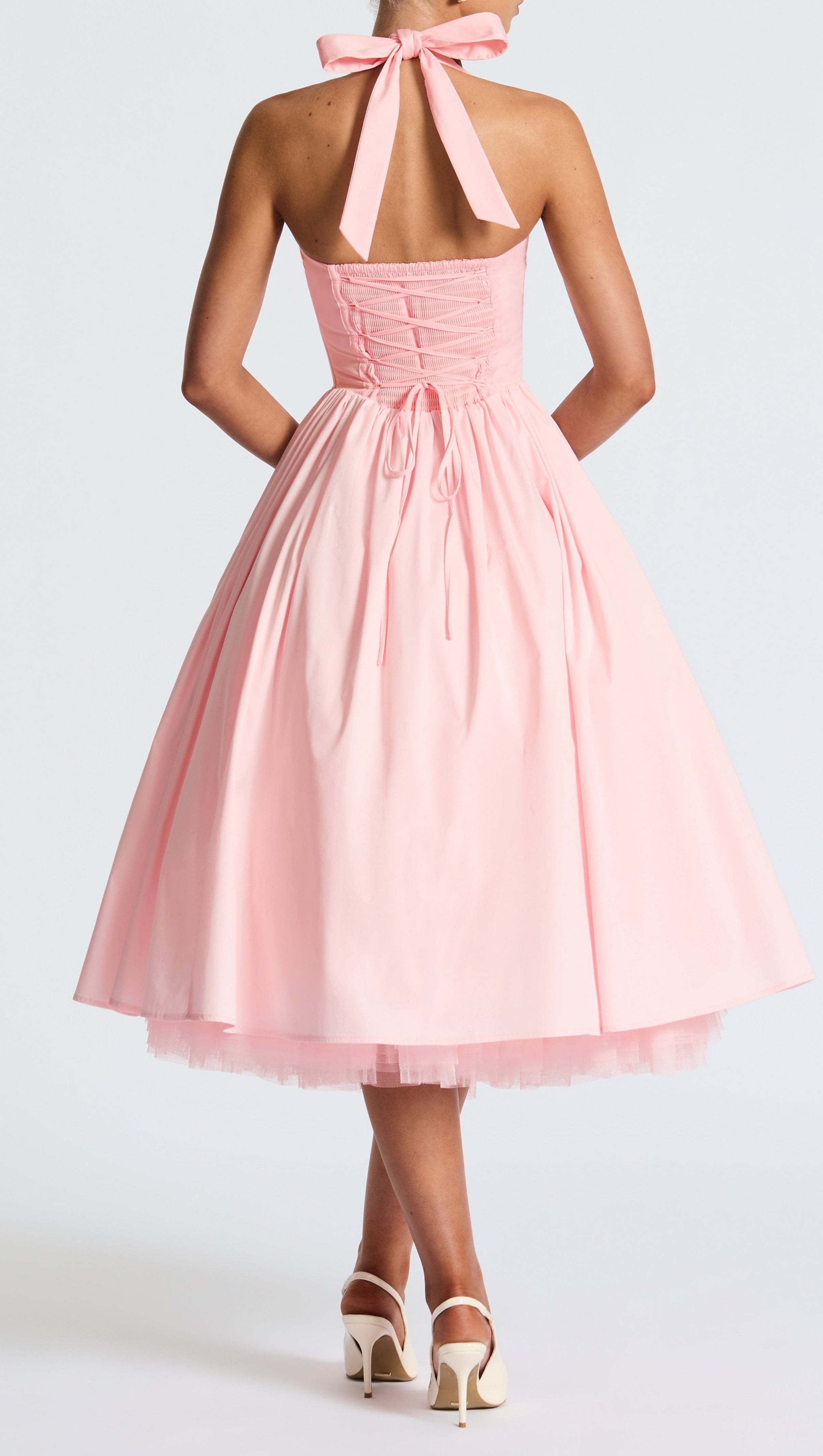 Lace Embroidery Cressida backless puffy Midi Dress - Blush