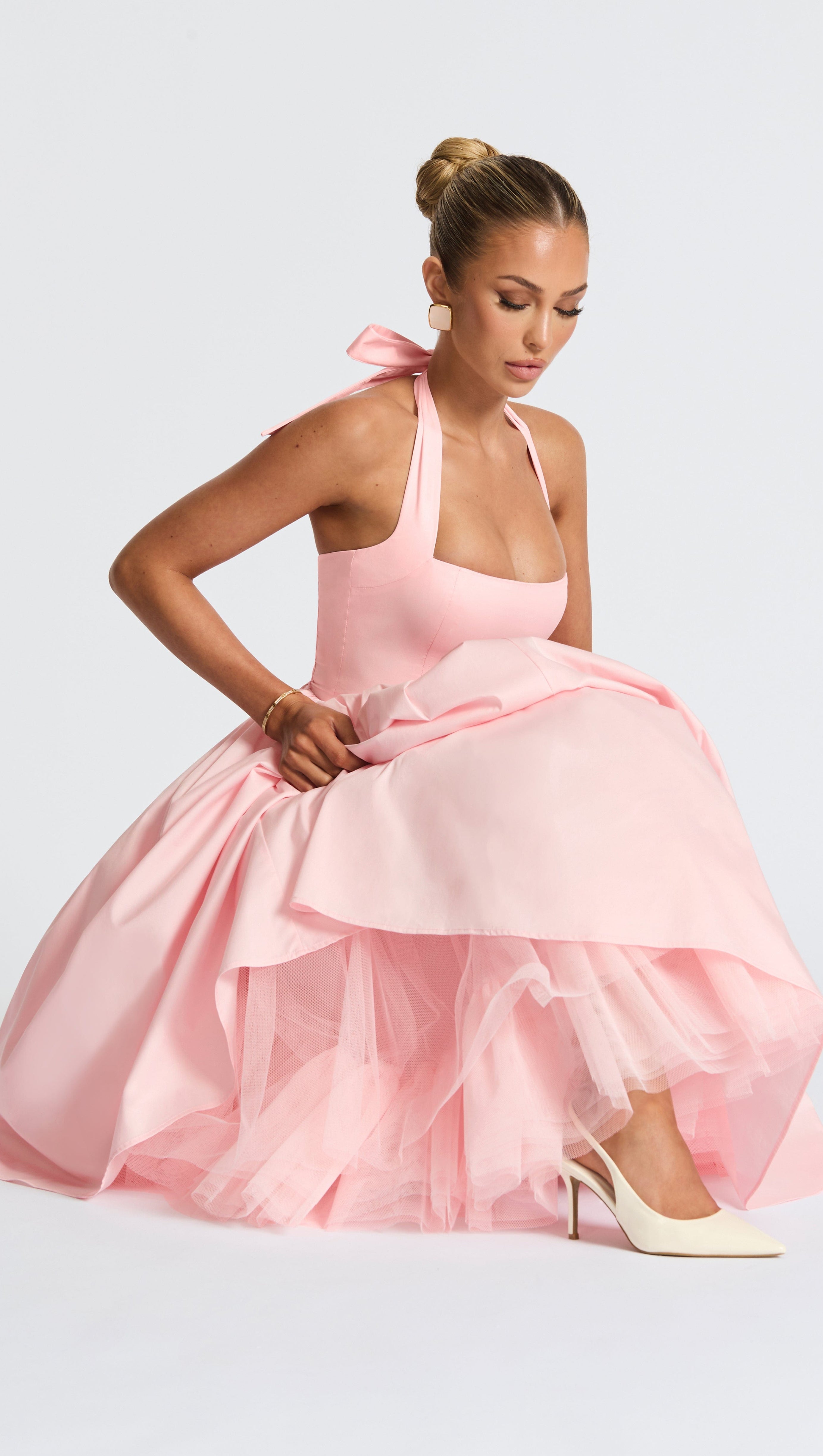 Lace Embroidery Cressida backless puffy Midi Dress - Blush
