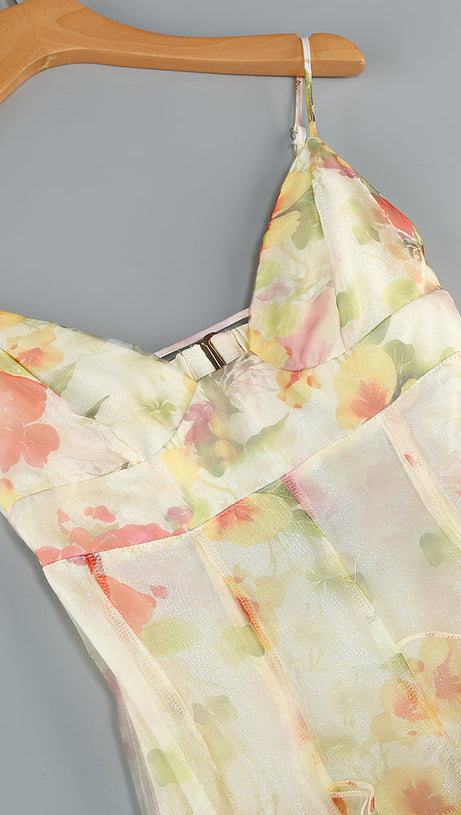 BELINDA YELLOW FLORAL VERTICAL RUFFLE TRIM MAXI DRESS