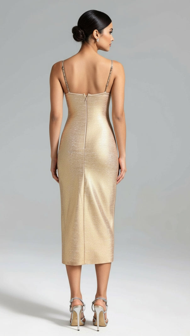 AIIZIE IVIE GOLD SHIMMER CUTOUT EMBELLISHED MIDI DRESS - GLAMOROUS PARTY & COCKTAIL - product image
