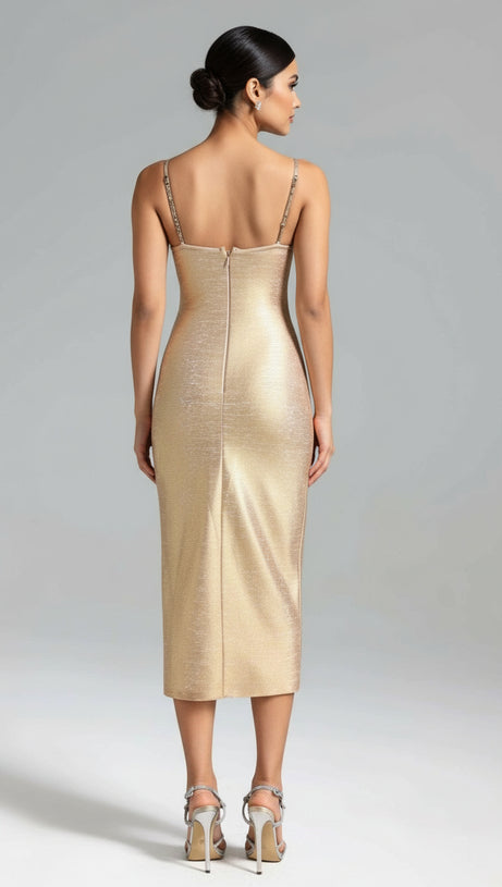 IVIE GOLD SHIMMER CUTOUT EMBELLISHED MIDI DRESS - GLAMOROUS PARTY & COCKTAIL