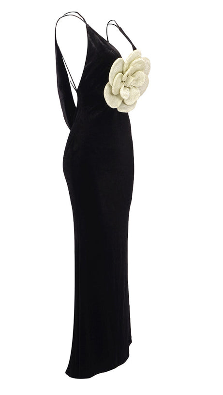 HARRIET GOLD 3D FLOWER BODYCON BLACK MAXI DRESS