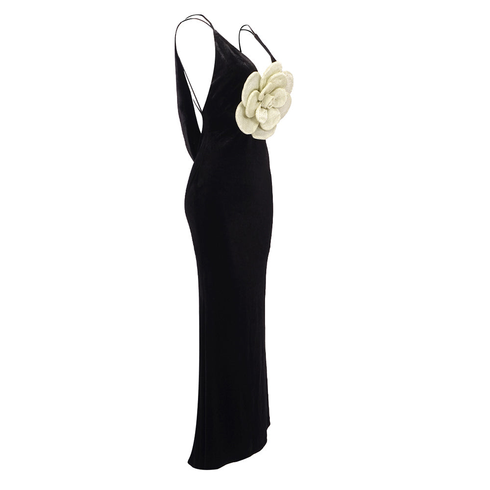 AIIZIE HARRIET GOLD 3D FLOWER BODYCON BLACK MAXI DRESS - product image