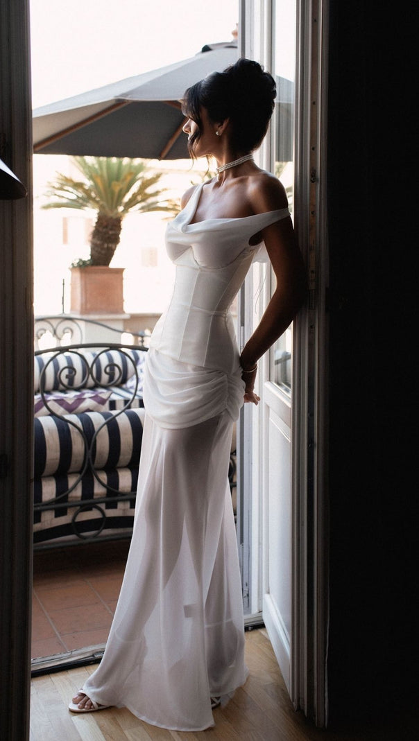 AIIZIE ISTAS WHITE CORSET MAXI DRESS | ELEGANT ONE-SHOULDER BRIDAL & GALA GOWN - product image