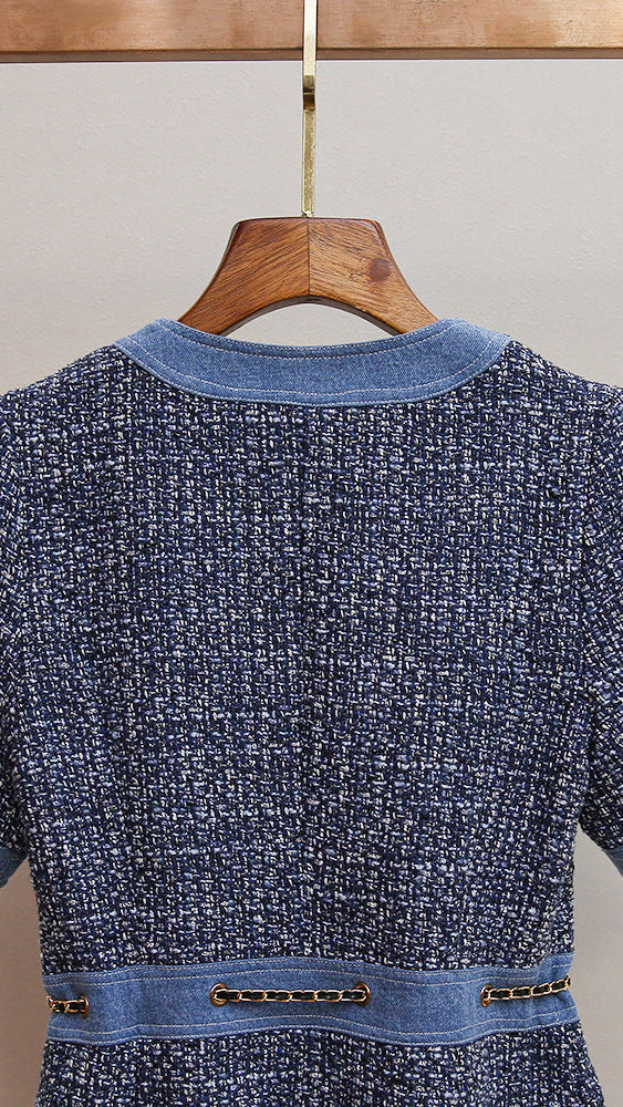 AIIZIE CHIC TWEED & DENIM MINI DRESS WITH GOLD CHAIN ACCENTS | HATSUYE - product image