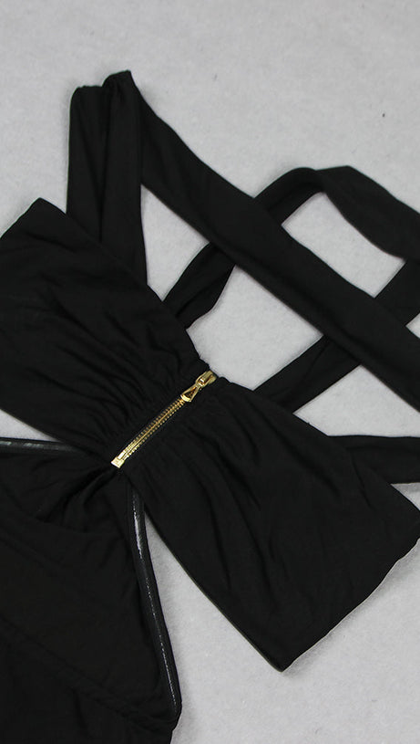 BLACK CUTOUT HALTER BANDAGE MAXI DRESS
