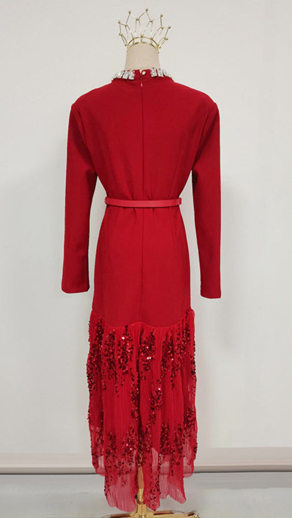 AIIZIE Ioana Glamorous Red Sequin Long Sleeve Maxi Dress - Elegant Square Neck Evening Gown - product image