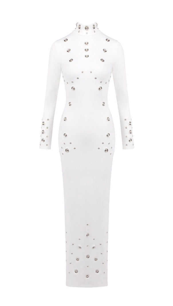 AIIZIE ISHANA WHITE EMBELLISHED MOCK NECK MAXI GOWN - LONG SLEEVE FORMAL DRESS - product image