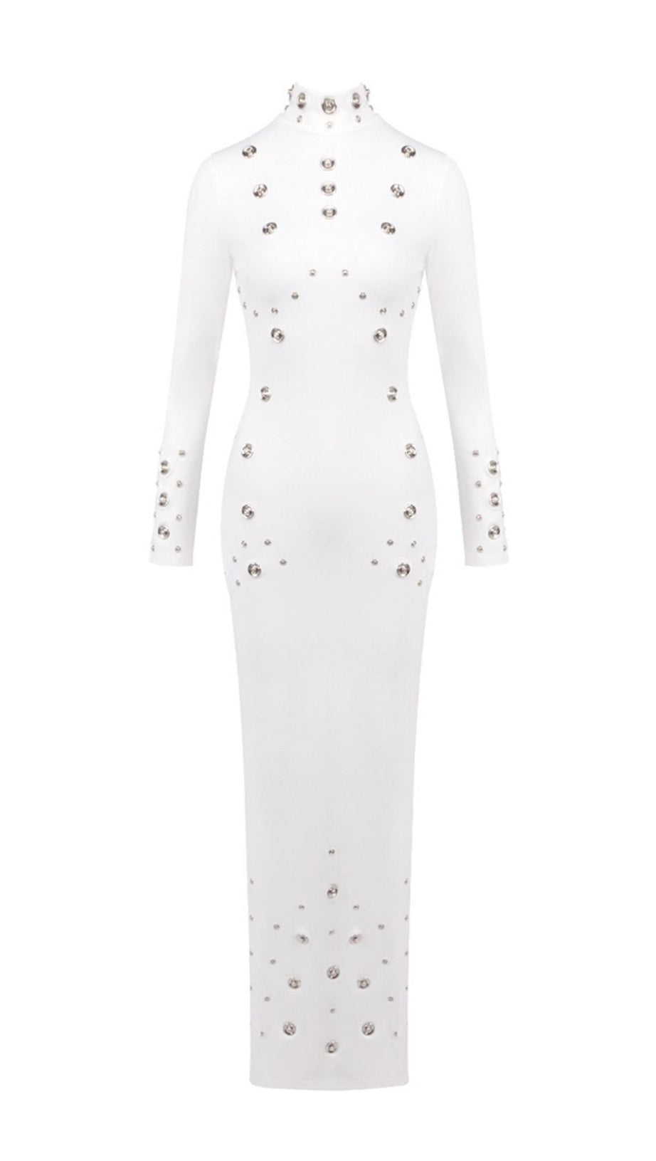 ISHANA WHITE EMBELLISHED MOCK NECK MAXI GOWN - LONG SLEEVE FORMAL DRESS