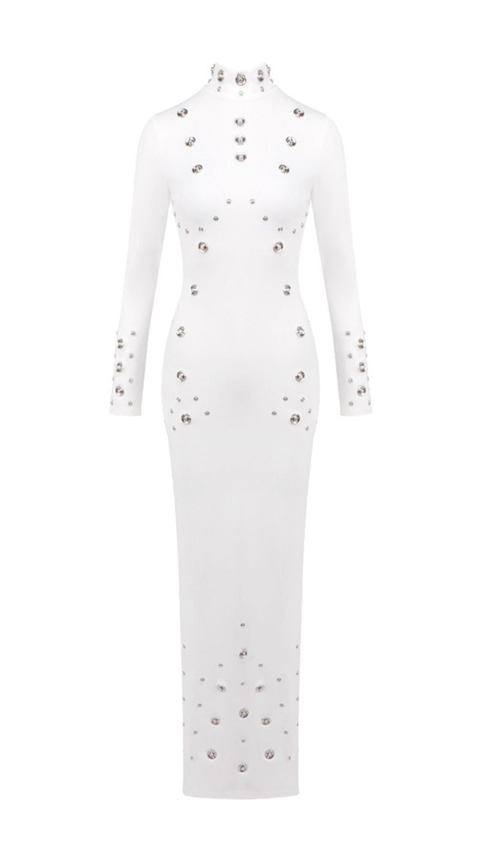 ISHANA WHITE EMBELLISHED MOCK NECK MAXI GOWN - LONG SLEEVE FORMAL DRESS