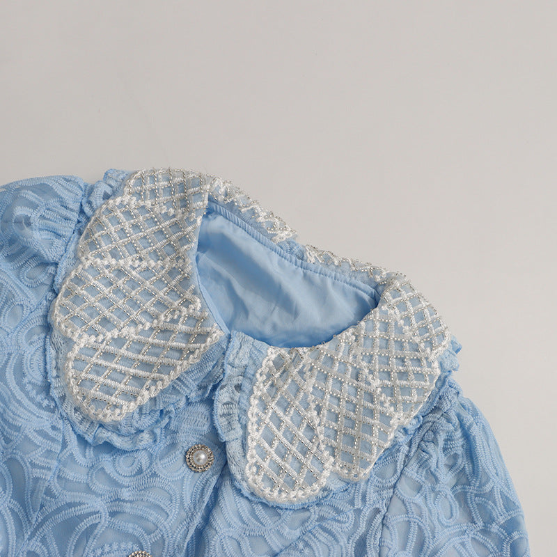 ILONA BLUE ELEGANT FLORAL LACE PEPLUM TWO-PIECE SKIRT SET