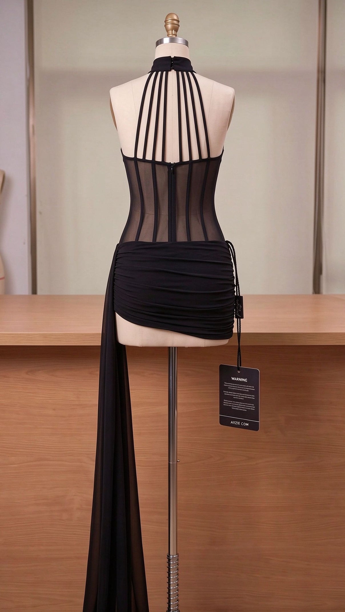 Black Sheer Mesh and Stretch Jersey Bodycon Mini Dress with Asymmetrical Side Train