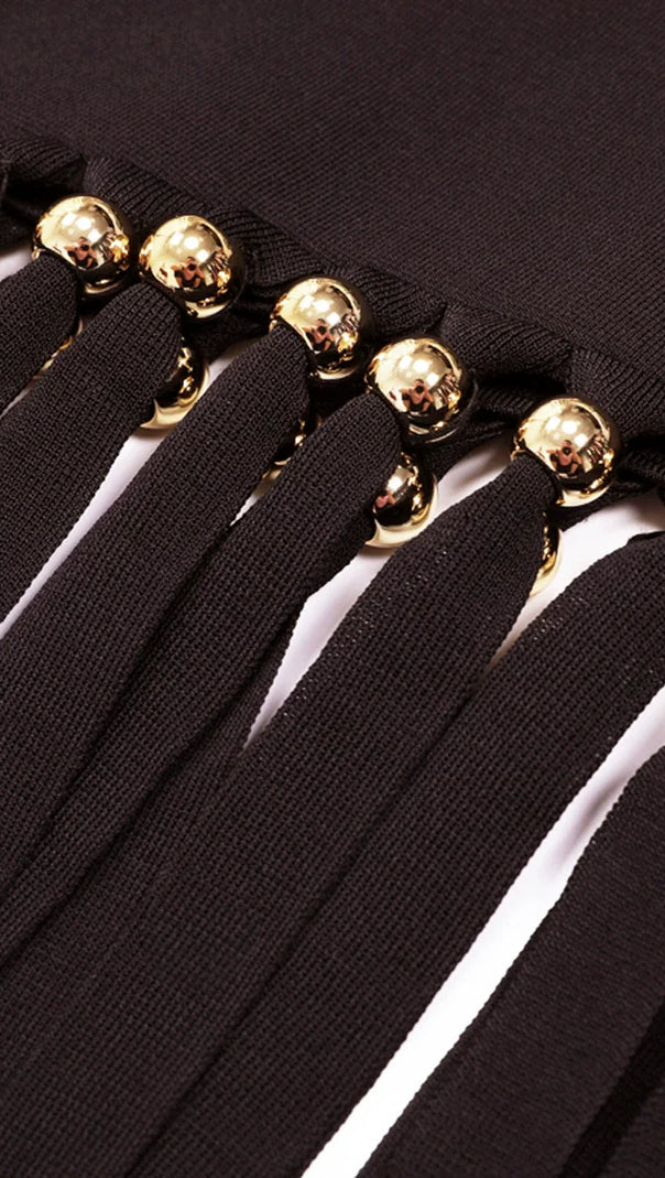 Chic Black Sleeveless Knit Midi Dress with Gilded Tassel Fringe